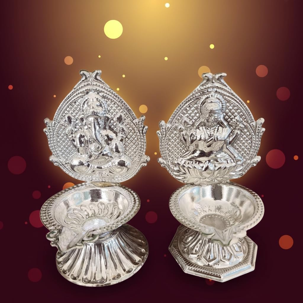German Silver Lakshmi Ganesha Pooja Diya Set – Pair of 2 | Handcrafted Decorative Oil Lamps for Home Mandir, Temple, Diwali, Festivals & Spiritual Gifting