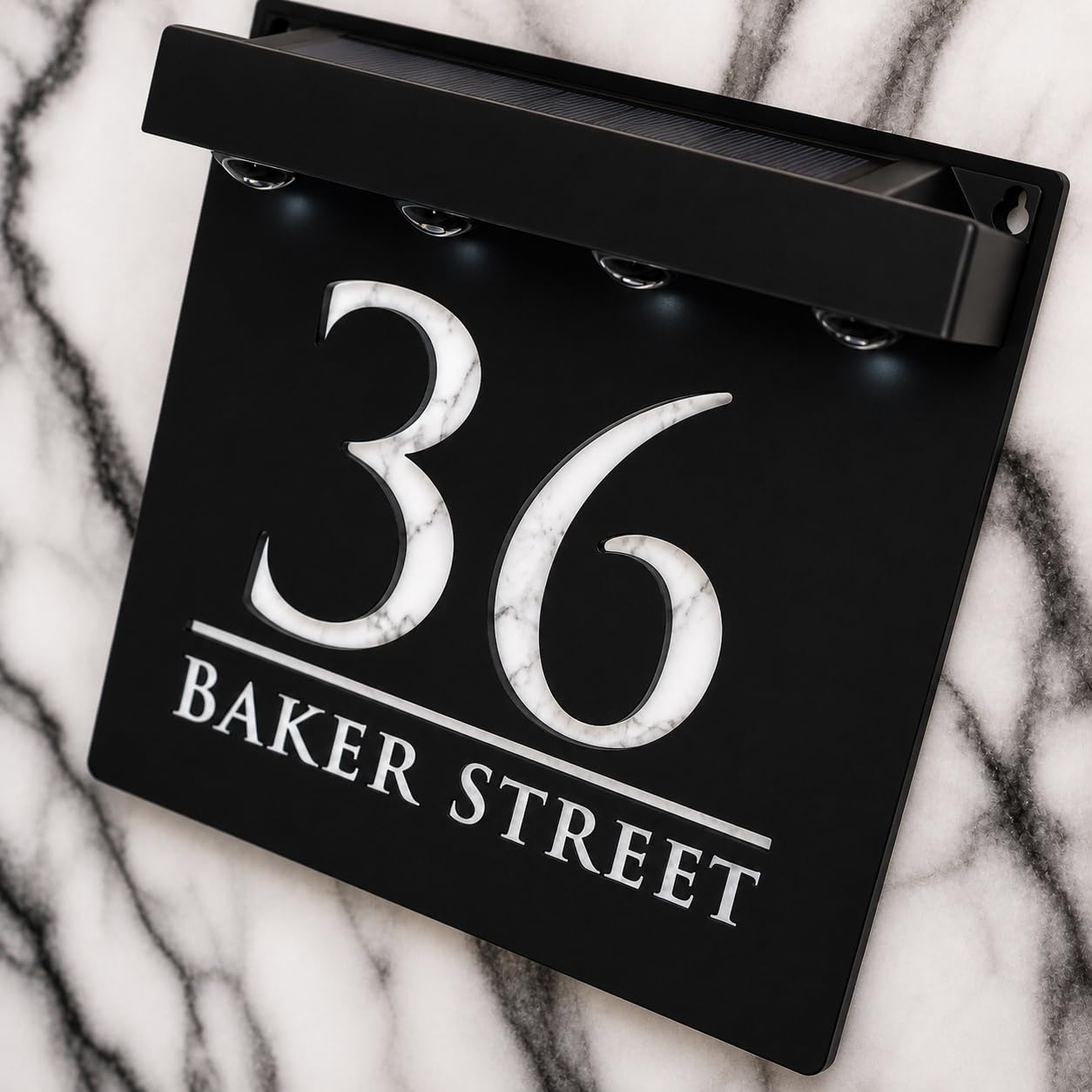 K Smart Sign | Bellissima S1 LED F32 | Square Solar Light House Signs Door Number Plaques With LED Personalised Name Address Sign For Wall With Classic Text (Matt Black & White Marble)