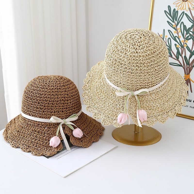 Sombrero de Paja para Mujer,ala Ancha,con Decoración de Tulipanes,Plegable,Flexible,para Playa,para Viajes,Vacaciones de Verano,Suave,Ligero y Transpirable