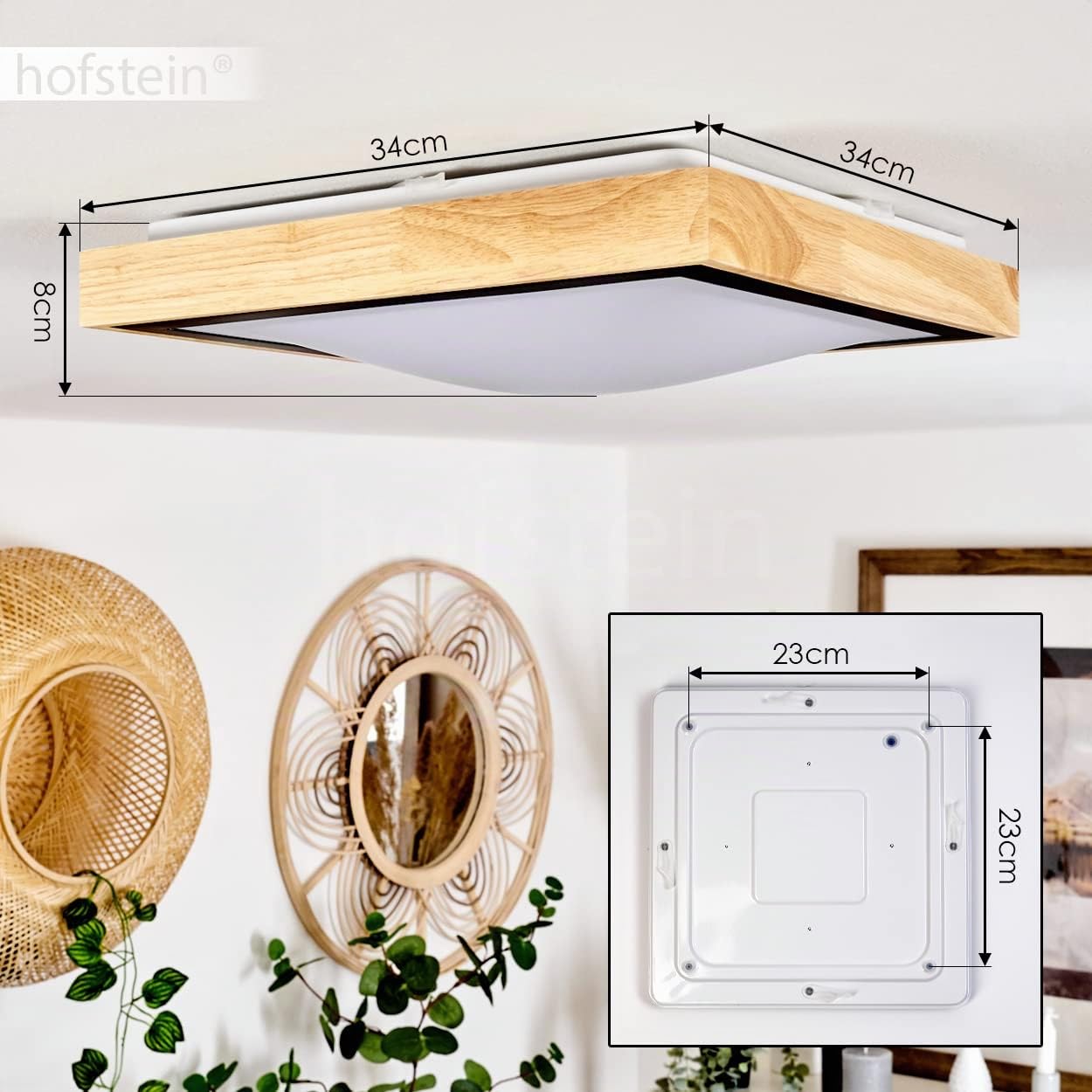Plafonnier LED Corinto, lampe en métal noir/bois naturel/plastique blanc, luminaire scandinave idéal dans un séjour modern, 18 Watt, 1820 Lumen, 3000 Kelvin