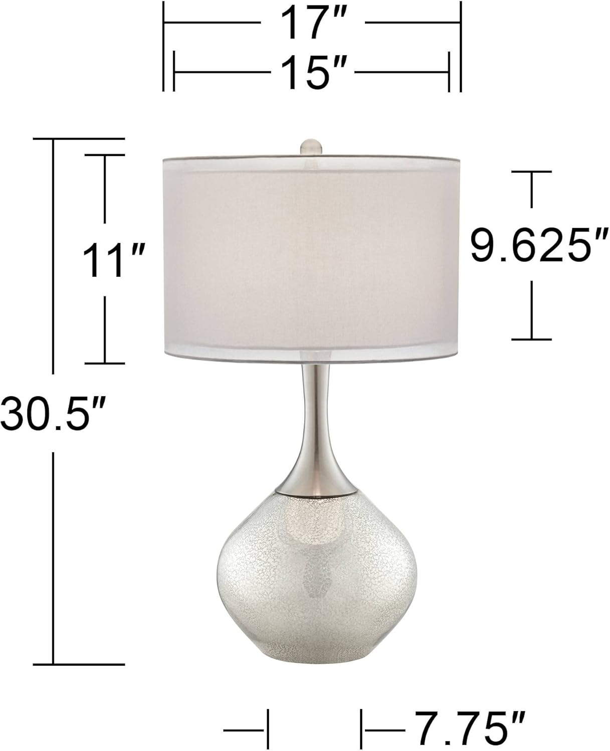 Possini Euro Design Swift Modern 3-Way Table Lamp 30 1/2" Tall with Dimmer Mercury Glass Chrome Metal Neck Double Drum Shade for Bedroom Living Room House Bedside Nightstand Home Office Entryway