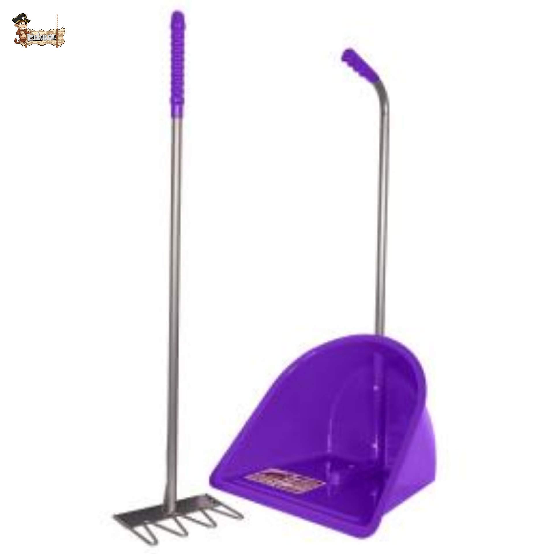 BricoLoco Recogedor rastrillo jardín. Recogehojas, césped cortado, frutos suelo, excrementos, arena gatos. Gran capacidad. Con rastrillo. Ligero. Mango aluminio. Resistente a intemperie. (Morado)