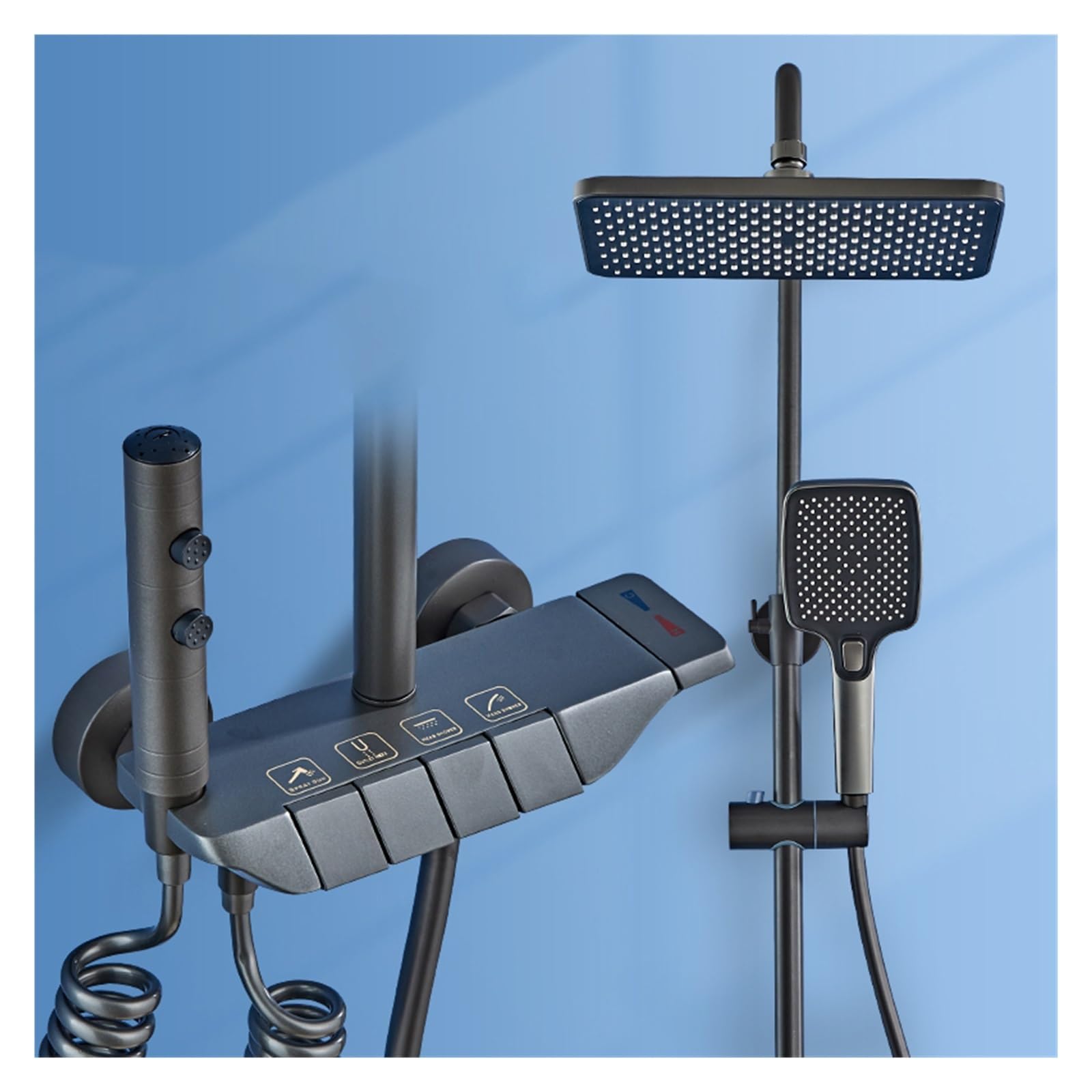 Système de douche numérique LED gris avec mitigeur cascade et effet pluie piano