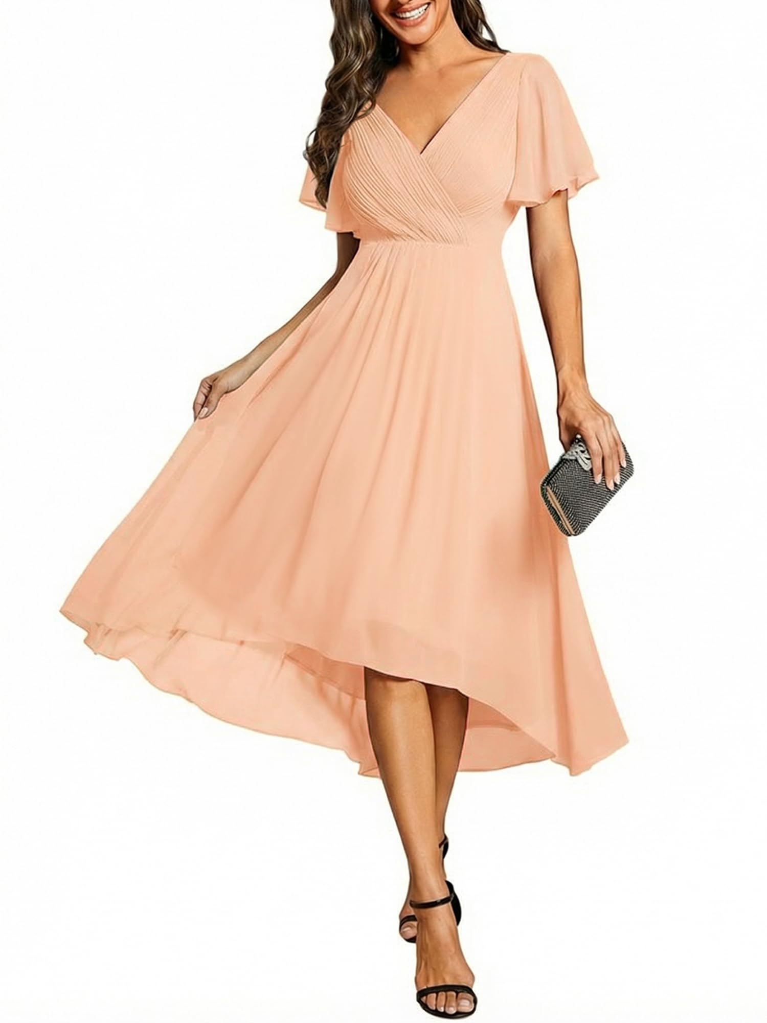 Ever-Pretty Women's Summer Chiffon Formal Wedding Guest Dresses Pleated V-Neck Short Sleeves Cocktail Dress 01923