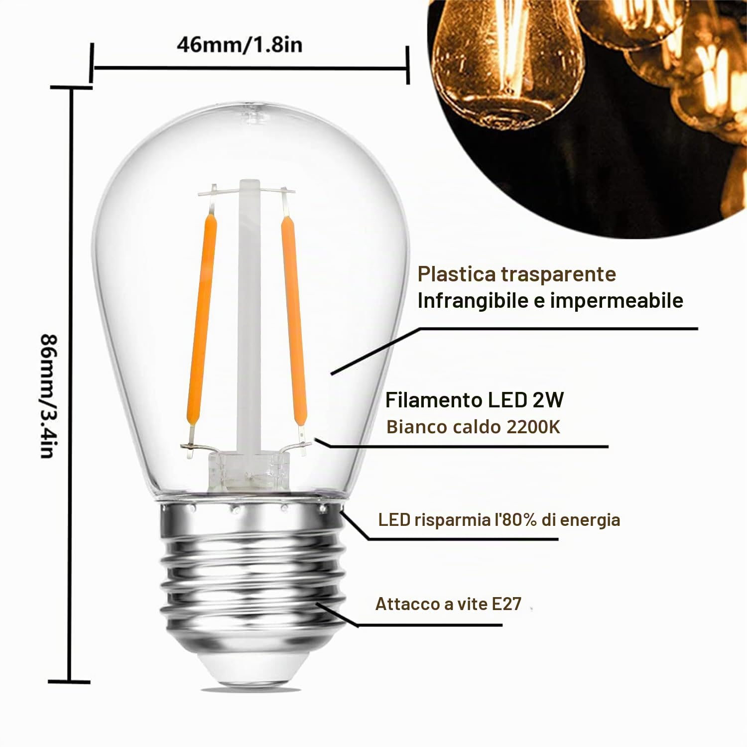 S14 Lampadine a filamento LED 2W, Lampadina Edison in plastica bianca calda 2200K equivalente a 40W incandescenza, E27 130LM per sostituzione lampadine per luci esterne impermeabili, 25 pezzi