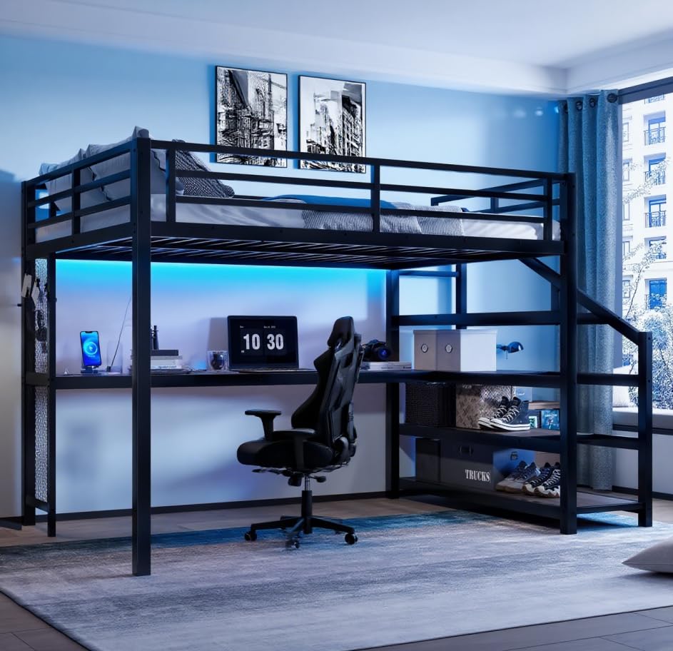Image of Bellemave Queen Size loft Bed with Storage Stairs, Shelves, Metal Queen Loft Beds with LED Lights, USB Ports, Multifunctional Iron Nets for Adults, Kids, Teens, Black