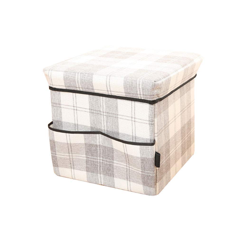 Tabouret de rangement en lin gris et blanc | Pouf boîte multifonction