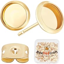 Beebeecraft 1 Box 50Pcs Post Stud Earring Findings 18K Gold Plated Blanks Round Cabochon Prong Earring Bezels Trays Settings with 6mm Tray and 50Pcs Backs for Jewelry Making