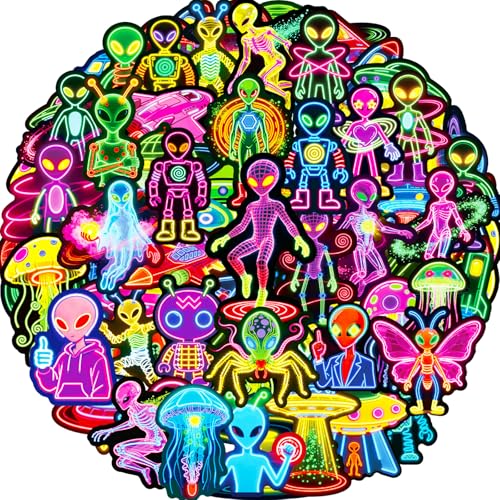 Aufkleber Alien 56 Pcs Coole Neon Weltraum Alien Sticker Set, Wasserfeste Vinyl Sticker für Journal, Laptop, Scrapbook, Skateboard, Trinkflasche, Notizbuch, Tasse, Ipad, Macbook, Koffer, Gitarre usw