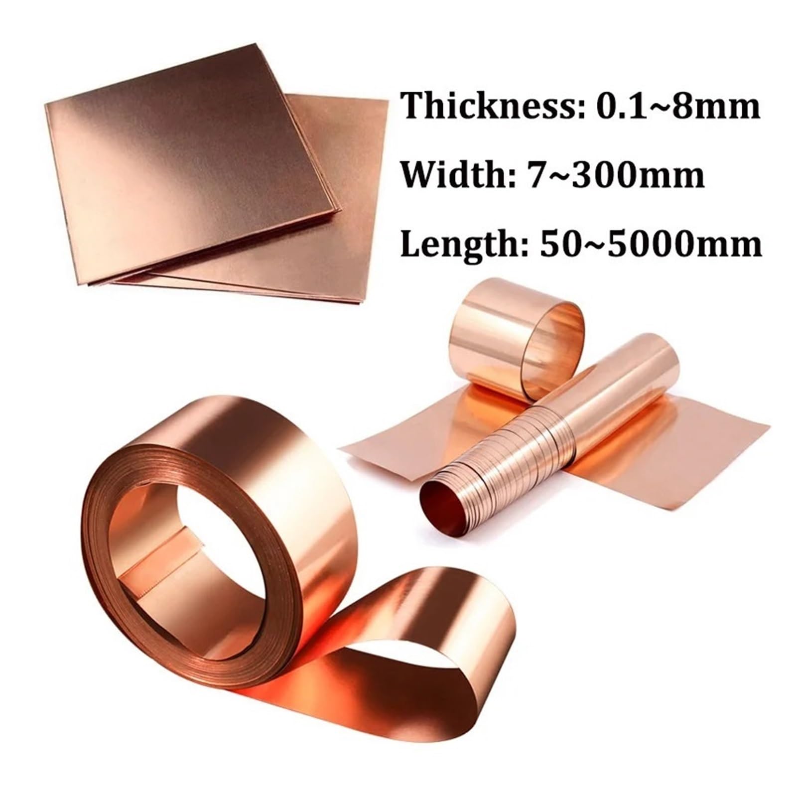 Kupferblechrolle, 99% Pure Cu Metal Sheet Foil Plate Thickness 0.1-8mm Length 50-5000mm Multiple Sizes(0.3x150x150mm)