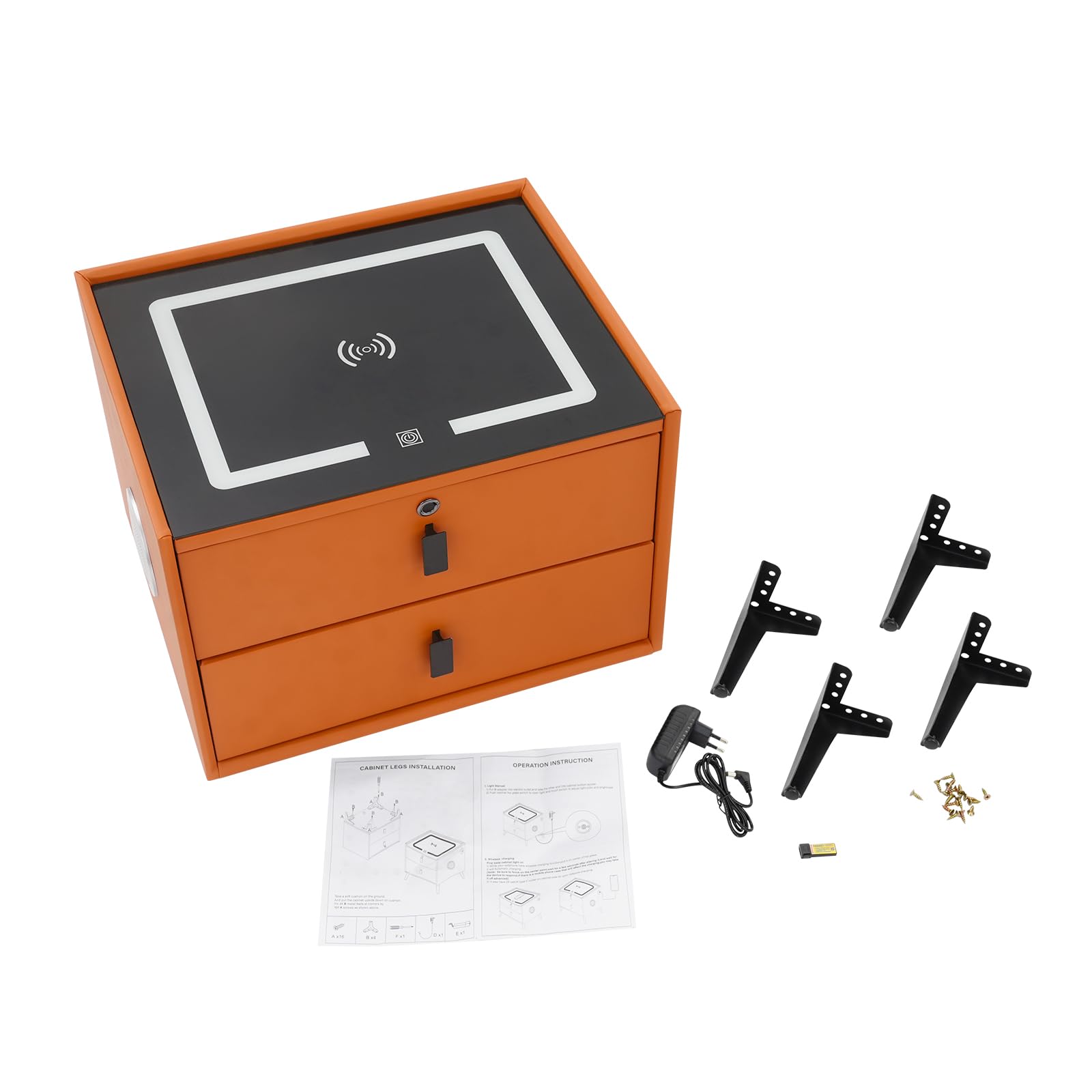 Kompakter Smart Nachttisch 50x40x46cm, Elektrischer Nachttisch USB Ladestation, Fingerprint Schloss, Bluetooth Box, 2 Schubladen und 3 farbige LED-Beleuchtung (Orange)