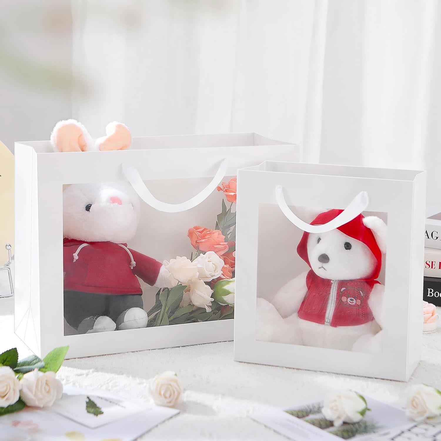 PACKQUEEN 12pcs White Gift Bags with Transparent Window, 16x6x12 Inches Extra Large Gift Bags with Handles for Wedding Graduation Mother's Day Festivals Party Present (Glossy White) - Image 4