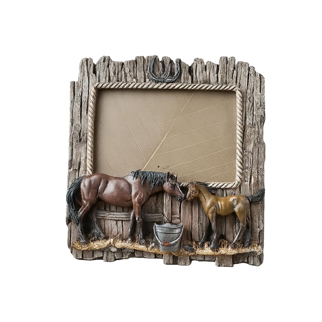 Western Retro Collection Wild Rustic Wood Imitated Double Horse 7.48" x 7.75" Photo Picture Frame, Aged Old Fashioned - Brown, Polyresin