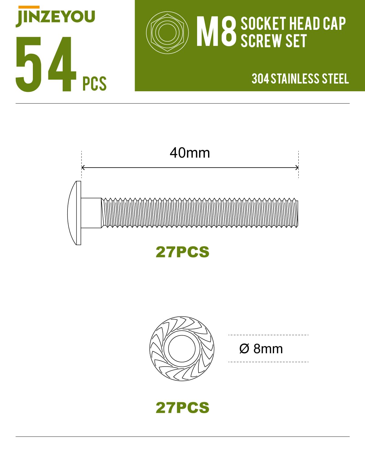 54 Pcs M8 Coach Bolts, M8 x 40mm Cup Square Carriage Bolts and Nuts Set, Stainless Steel Coach Screws with Hexagon Flange Nuts - Image 2