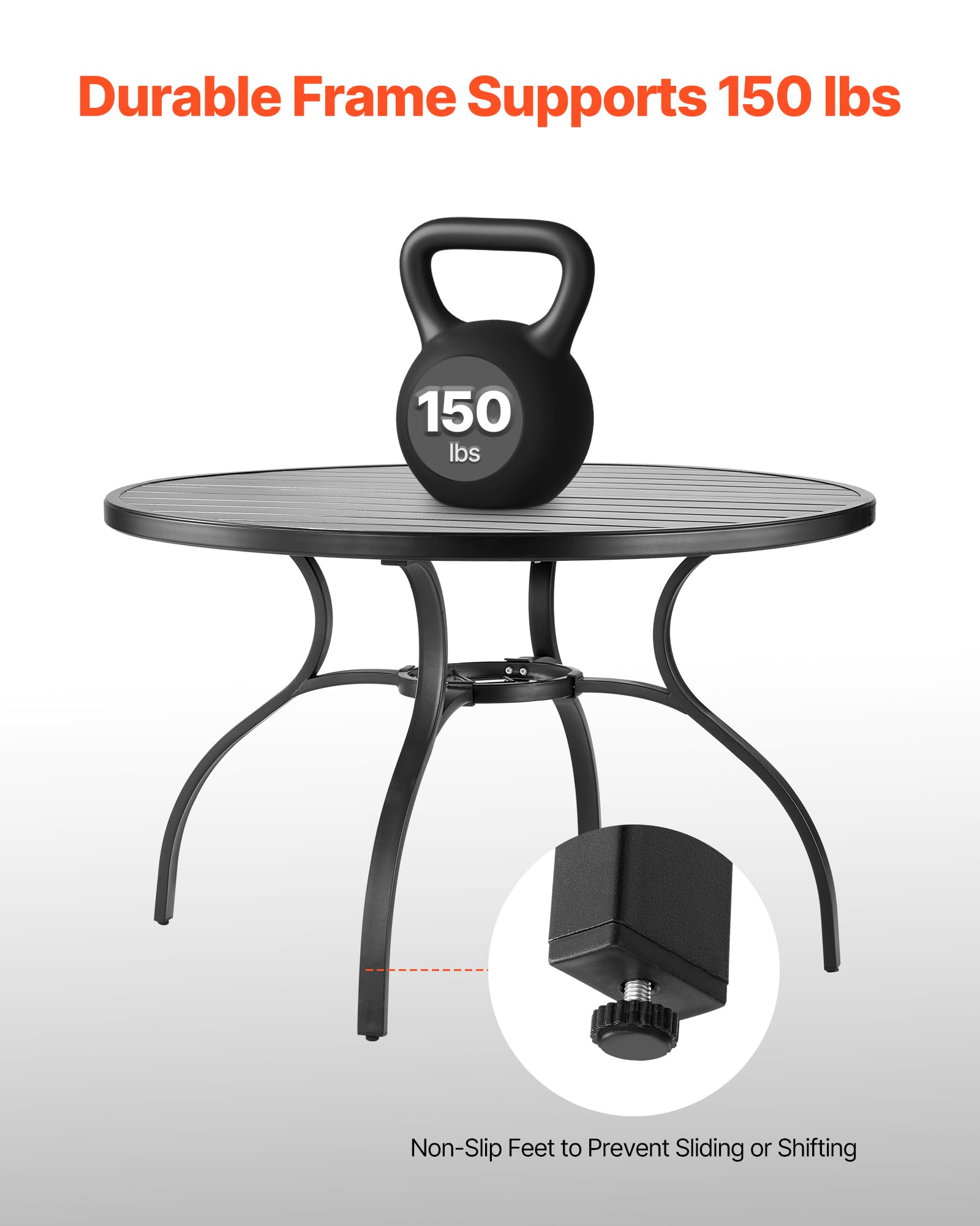 VEVOR Terrassentisch Gartentisch Balkontisch (1200 x 725 mm) aus Kohlenstoffstahl runder Esstisch für Outdoor Hof Terrasse Garten Veranda, wasserfest, mit 38 mm Schirmloch, 68 kg Tragkraft Schwarz