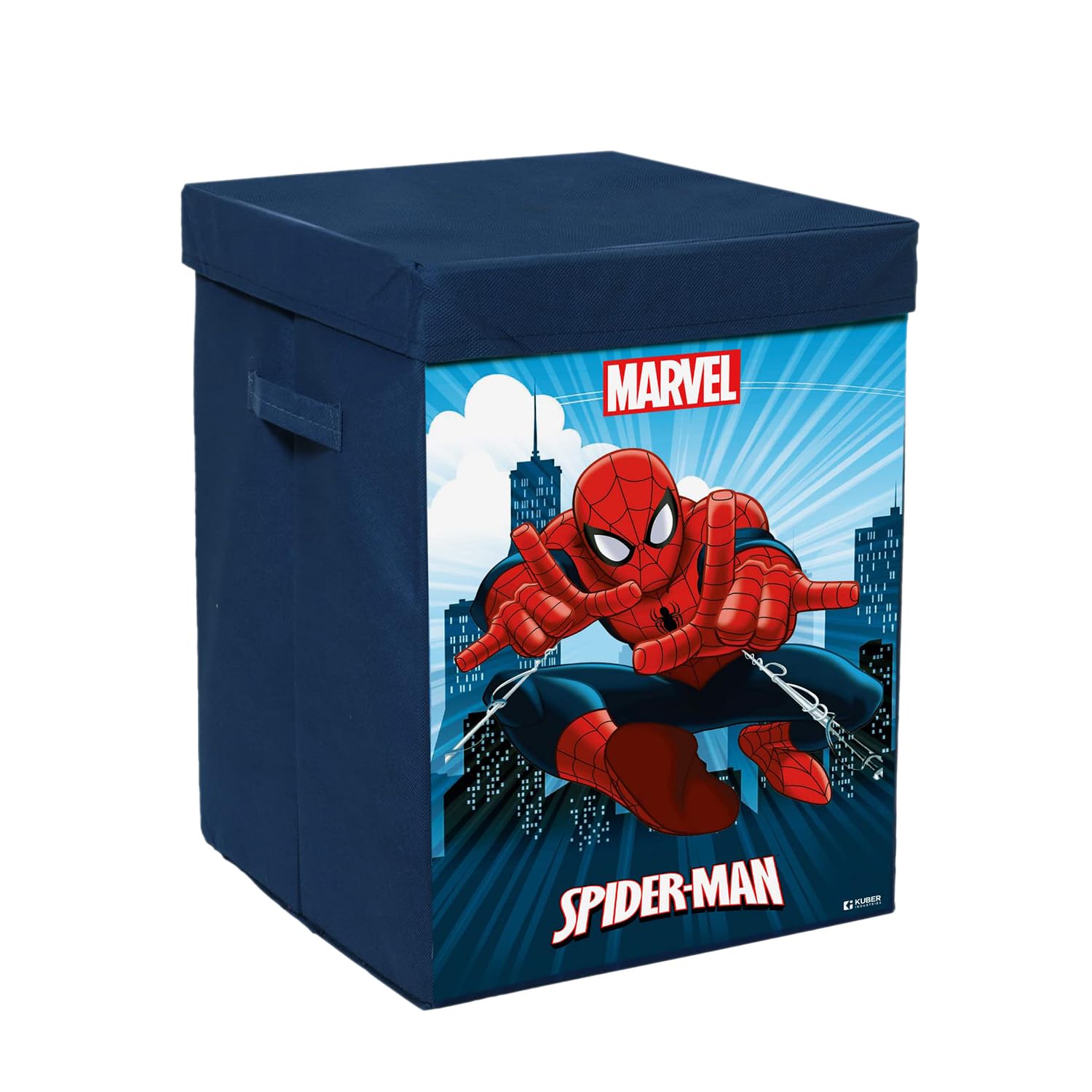 Kuber Industries Foldable Laundry Basket for Clothes with Lid | Marvel Spiderman Print | Cloth Storage Box for Washing | Toy Storage Organizer | 45 LTR | Navy Blue