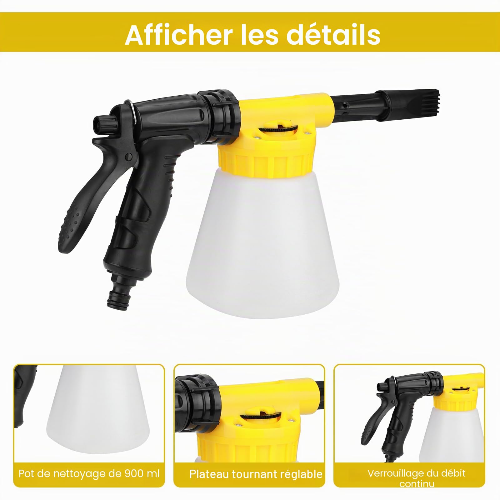 Pistolet à mousse multifonction pour voiture 900 ml Pistolet à mousse réglable professionnel pour voiture, moto, jardin Outil de lavage Tuyau