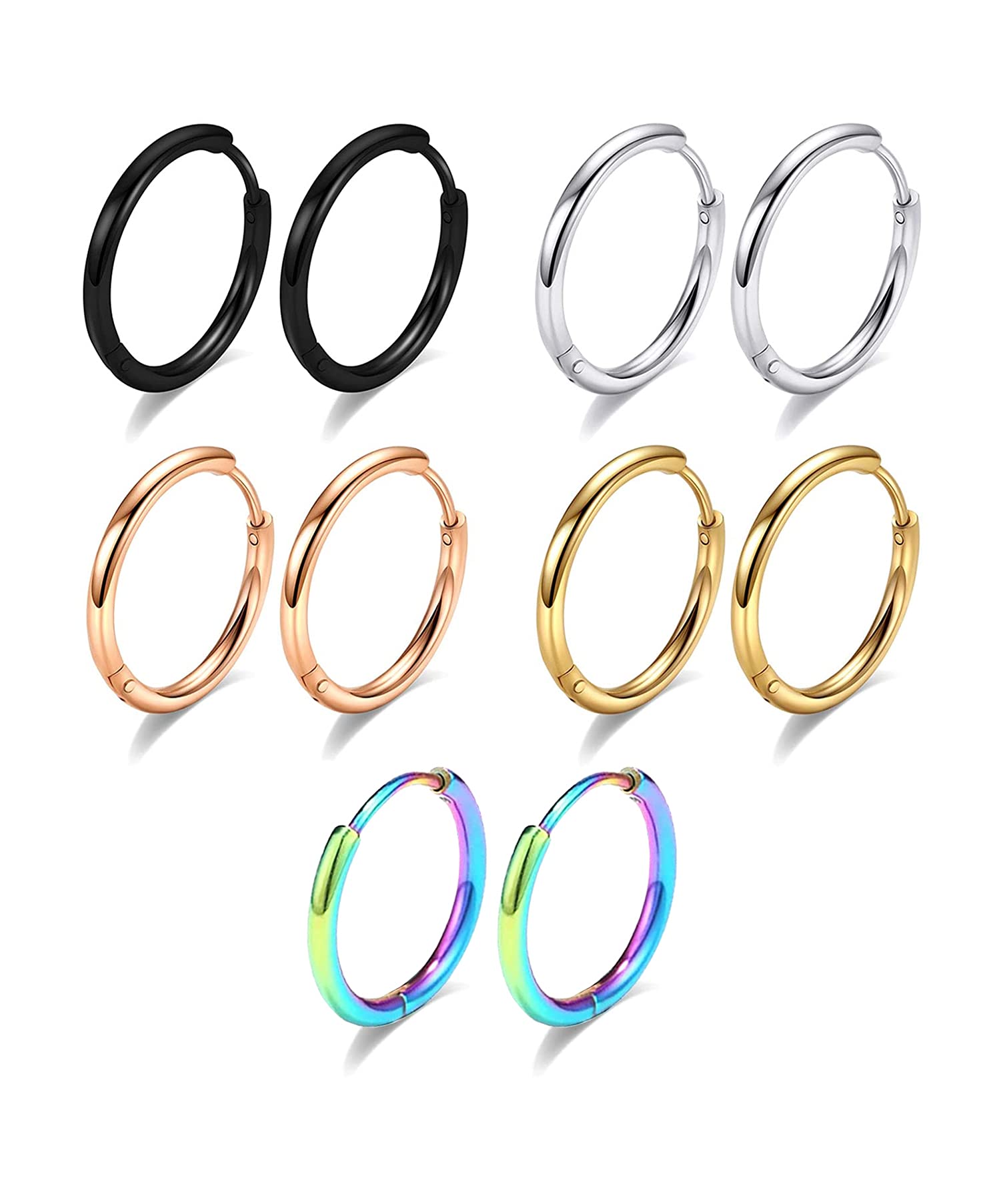 5 Pairs 316L Surgical Stainless Steel Small Huggie 8mm 10mm 12mm 14mm Hoop Earrings Set Hypoallergenic Hoops Cartilage Helix Lobes Hinged Sleeper Earrings for Men Women for Multiple Piercings