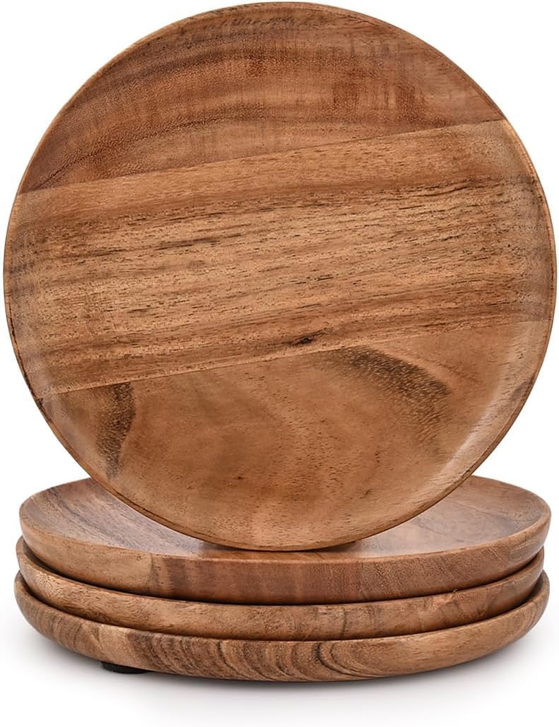 Kimona Acacia Wood Round Wood Plates Set of 4, Easy Cleaning & Lightweight for Dishes Snack, Dessert.(17.78 cm x 17.78cm x 2.54cm)