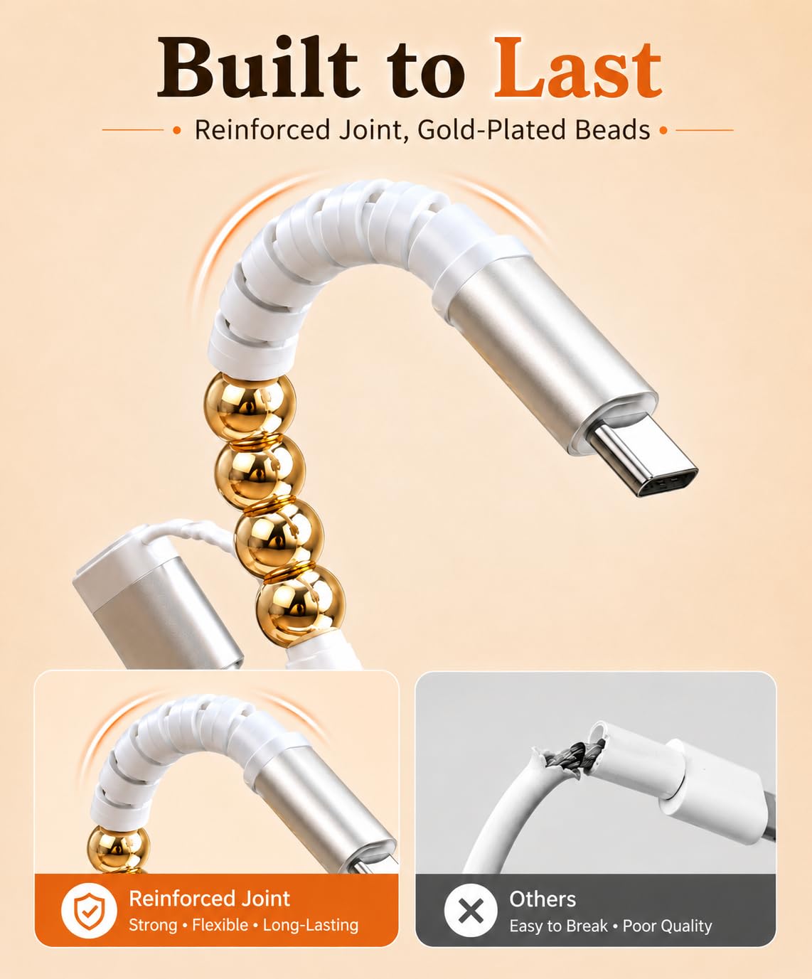IIIZ Cavo USB-C con perline da 1,8 m per iPhone Air 17 16 15 Pro Max, 65 W Gold Type-C cavo di ricarica rapida per iPad Pro 10 11th/Galaxy/Pixel/Android Phone/Tablet/Laptop/Donna/Ragazze