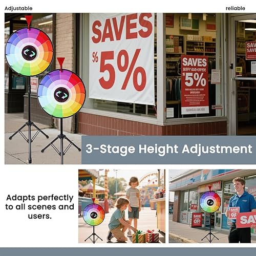 iElyiEsy 18-Inch Spinning Prize Wheel with Unique Gradient-Patterned Disc - 12 Slots Heavy-Duty & Editable Fortune Roulette. Height-Adjustable, Ideal for Carnivals, Trade Shows & Events