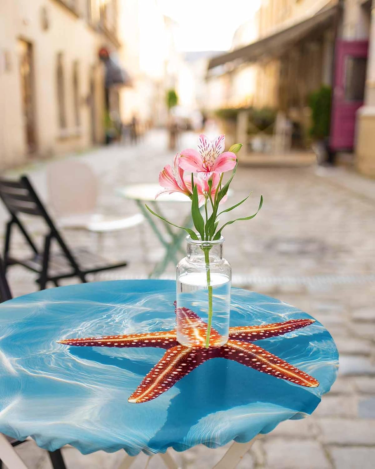 Fitted Tablecloth for Round Table, Retro Orange Starfish Table Cover with Elastic Edge Waterproof Table Cloth, Summer Blue Ocean Water Circle Table Covers for Kitchen Picnic Party