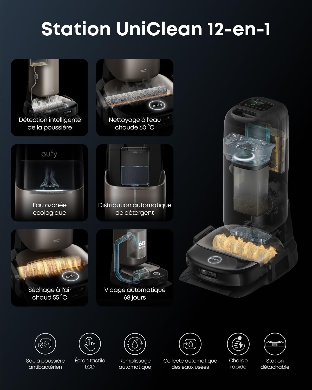 eufy Robot aspirateur Laveur Omni S2 avec Station UniClean™ 12-en-1 | 30 kPa, AeroTurbo™ 2.0, HydroJet™ 2.0, nettoyage écologique à l'eau électrolysée, coins et rebords, brosses DuoSpiral™
