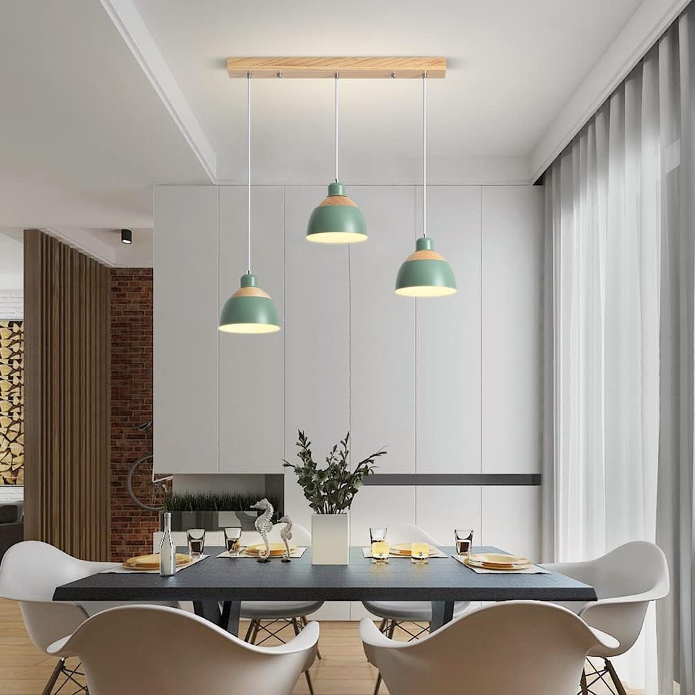 Retro Holz Hängeleuchte 3-Flammig Esstischlampe Grün Metall Pendelleuchte Industrie Höhenverstellbar Hängelampe für Esszimmer Küche Cafe Theke Innen Büro Pendellampe