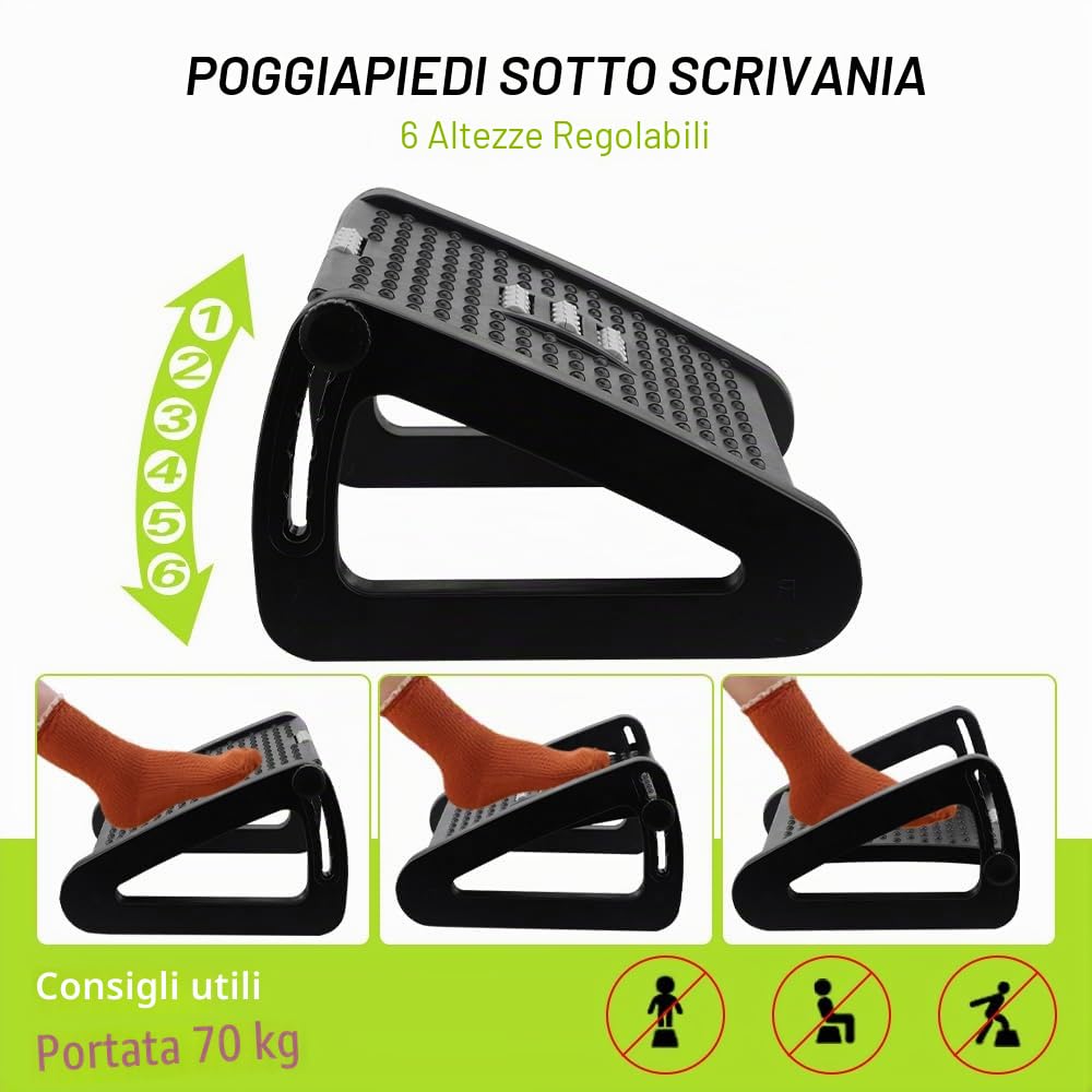 Poggiapiedi scrivania, poggiapiedi ergonomico con funzione massaggiante e regolabile in altezza, ideale per casa, ufficio e viaggi