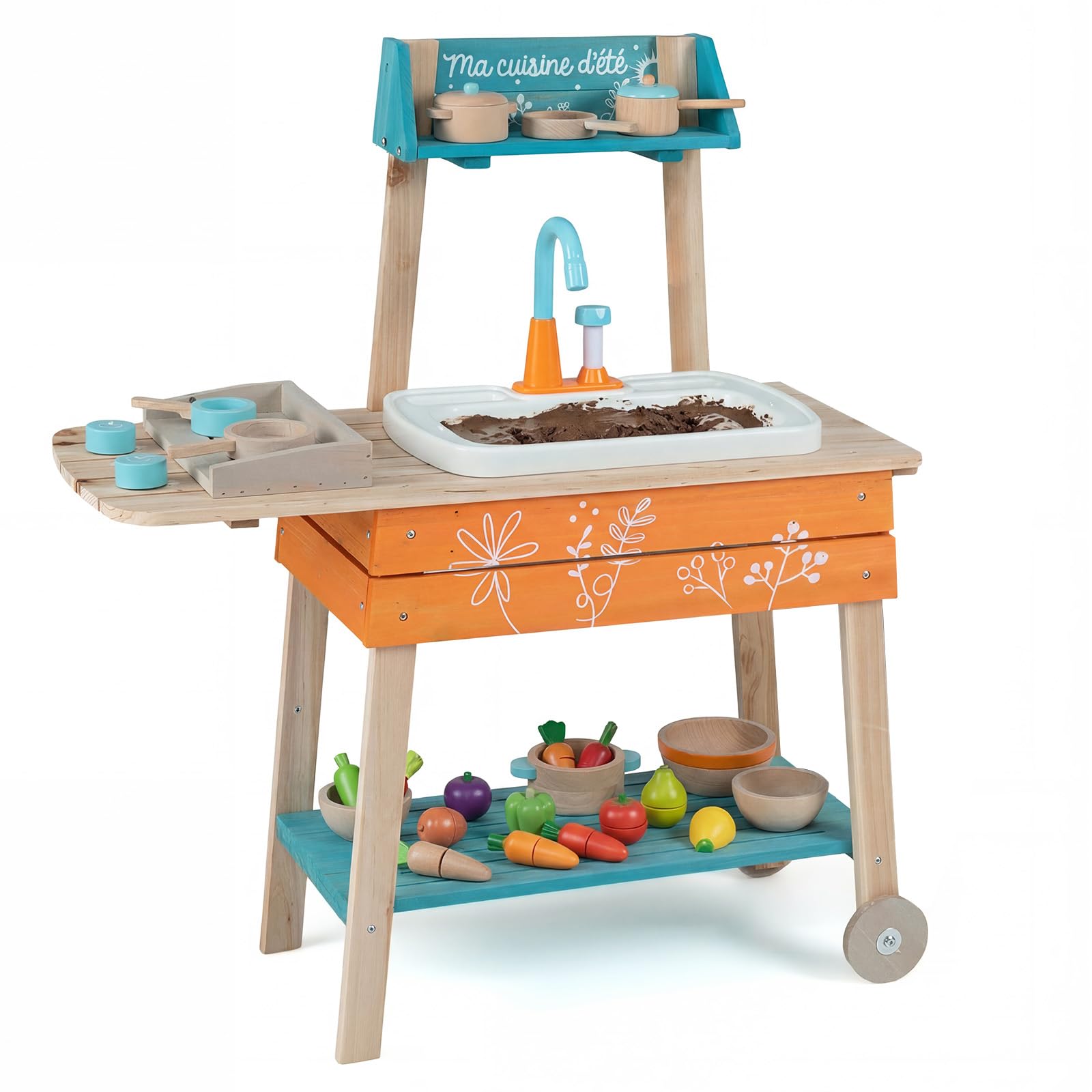 COSTWAY Matschküche Kinder Outdoor, Kinderküche Holz inkl. Spülbecken mit Wasserpumpfunktion, Gartenspielküche mit Grillrost, Outdoorküche für Kinder
