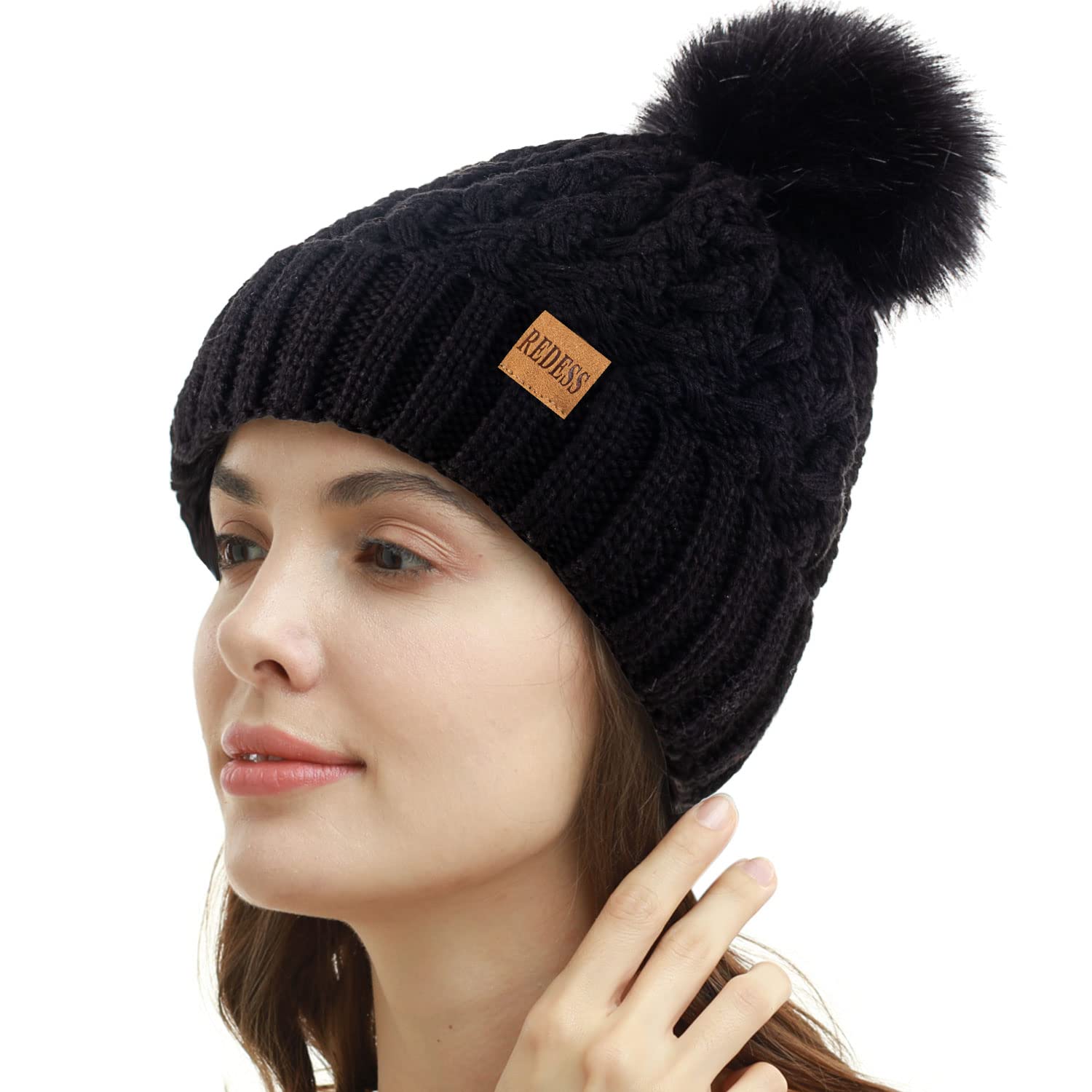 REDESS Cappello Invernale da Donna con Pompon con Pompon Cappelli Caldi Foderati in Pile, Berretto Incrociato in Maglia di Neve Spessa e Morbida per Le Signore