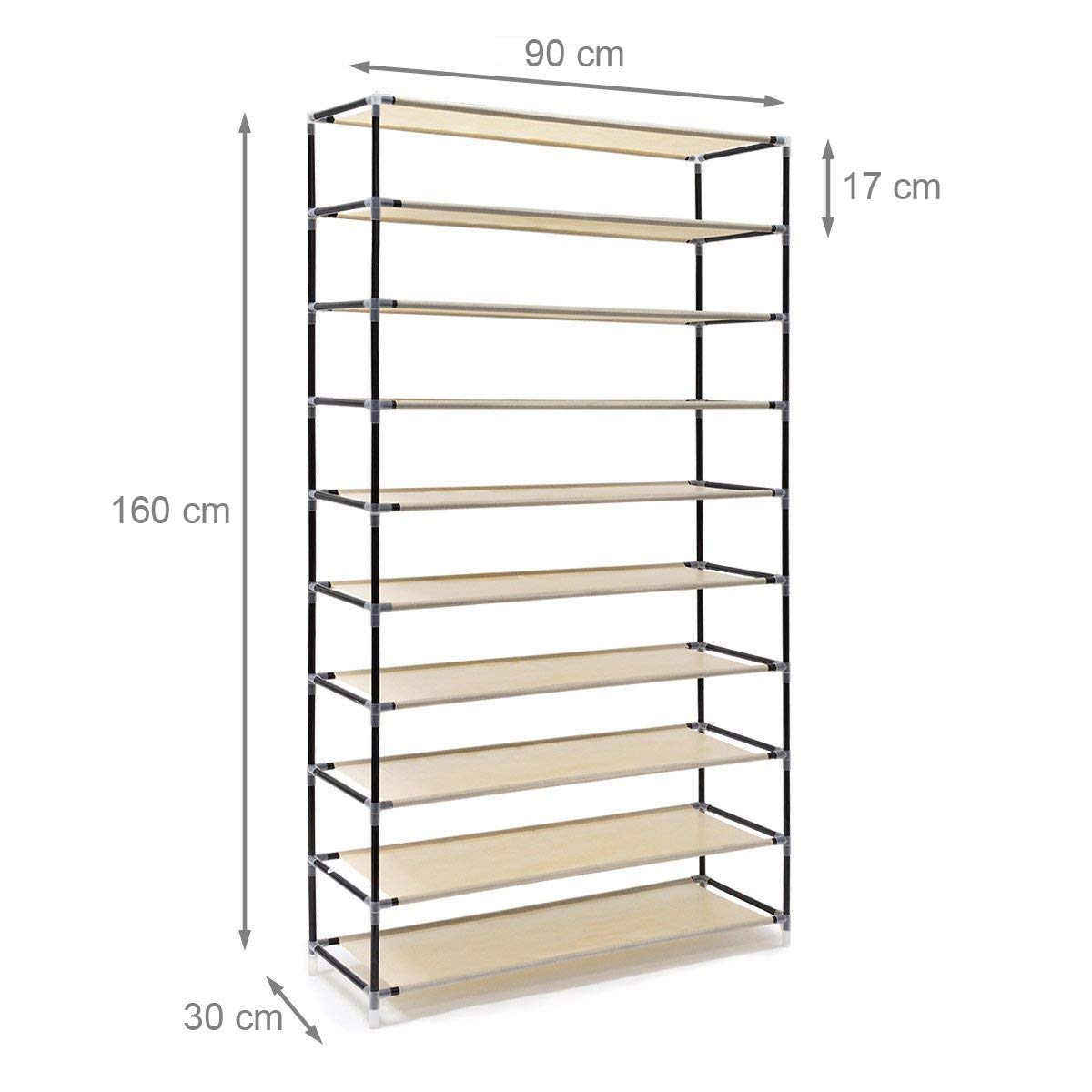 BAKAJI Armario zapatero ahorra espacio, 10 estantes, hasta 45 pares de zapatos, estructura de acero y revestimiento de tela TNT impermeable, con cierre de cremallera, antipolvo, beige, 90 x 30 x 160