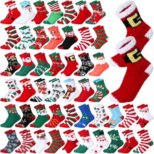 Geyoga 52 Pairs Fuzzy Christmas Socks for Women Girls - Xmas Crew Winter Warm Slipper Socks - Holiday Novelty Gift