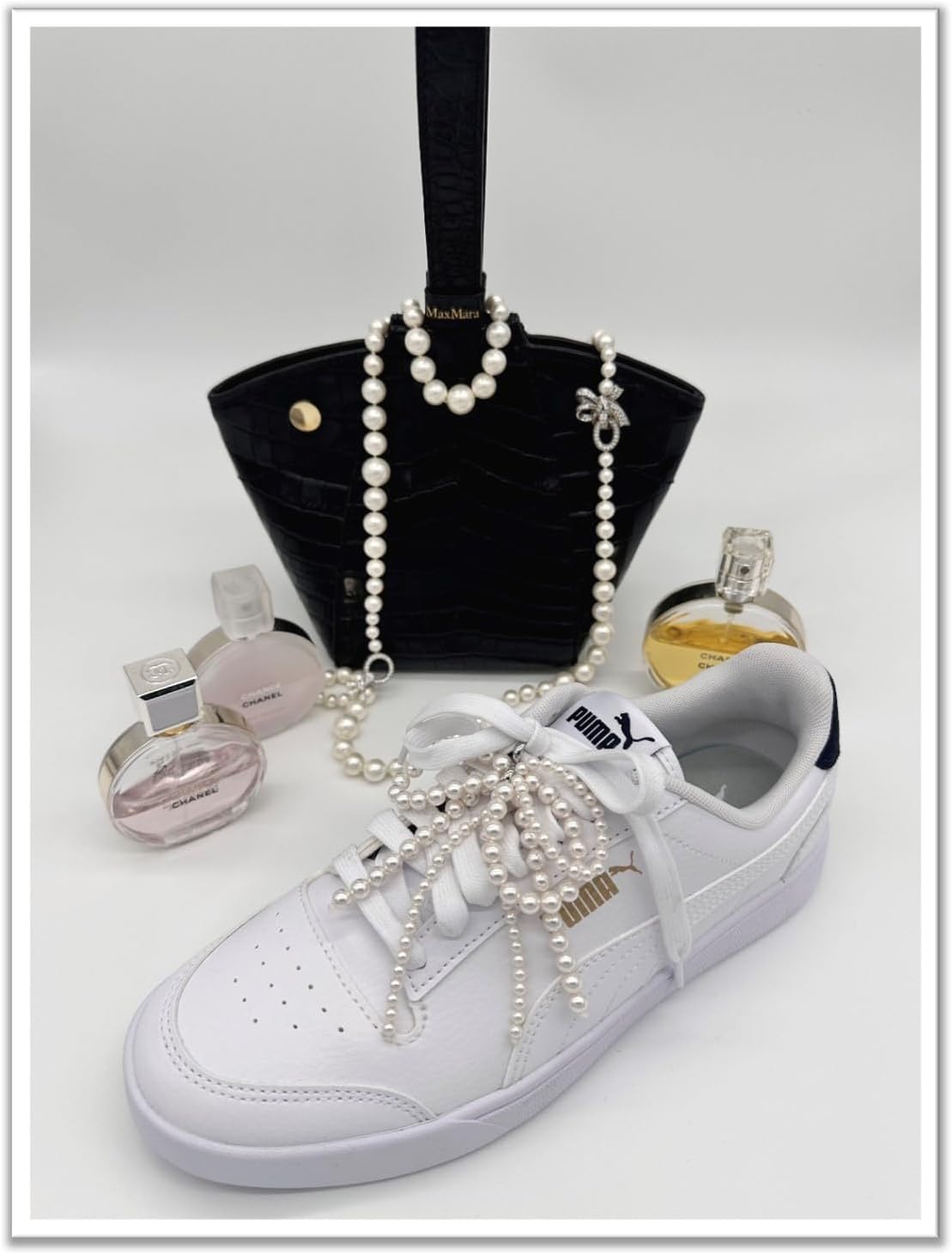 Pearl Shoe Charm with Ribbon, White Pearls