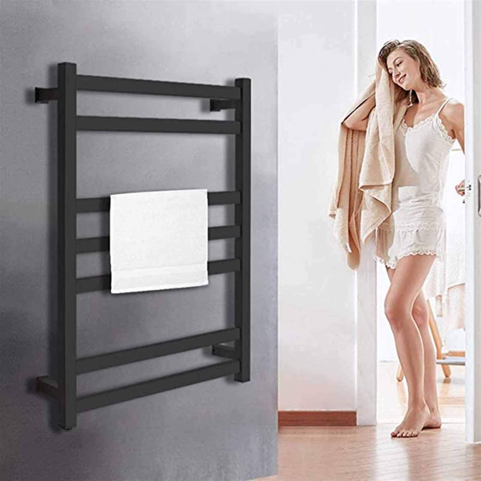 Radiatore Portasciugamani Riscaldato Elettrico per Bagno, Scaldasalviette in Acciaio Inossidabile Nero con Interruttore Impermeabile, Portasciugamani Caldo a Parete a 7 Barre, 825X600x120mm, Plug In
