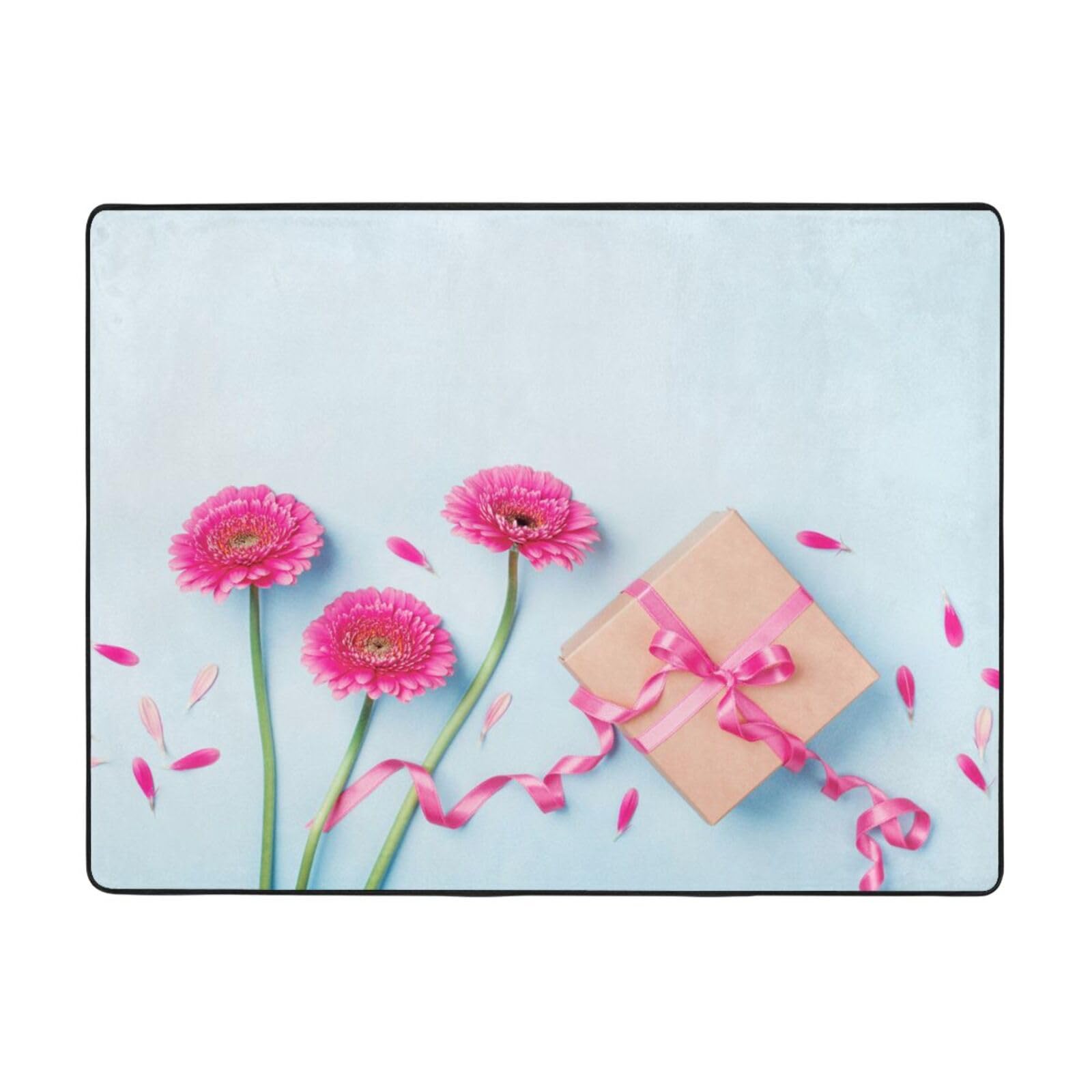 Grand tapis flanelle motif fleurs roses 160x122cm antidérapant et lavable pour salon