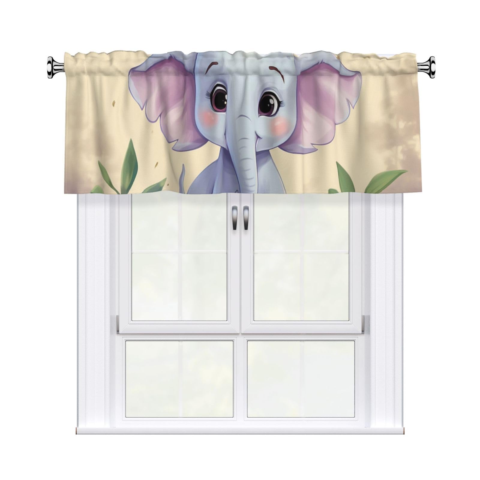 FekiLoot Cute Elephant Curtain Valance for Windows, Kitchen Window Valances Rod Pocket Window Treatments Short Curtains Drapes for Bathroom Bedroom Cafe Decor 54x18inch 1 Panel