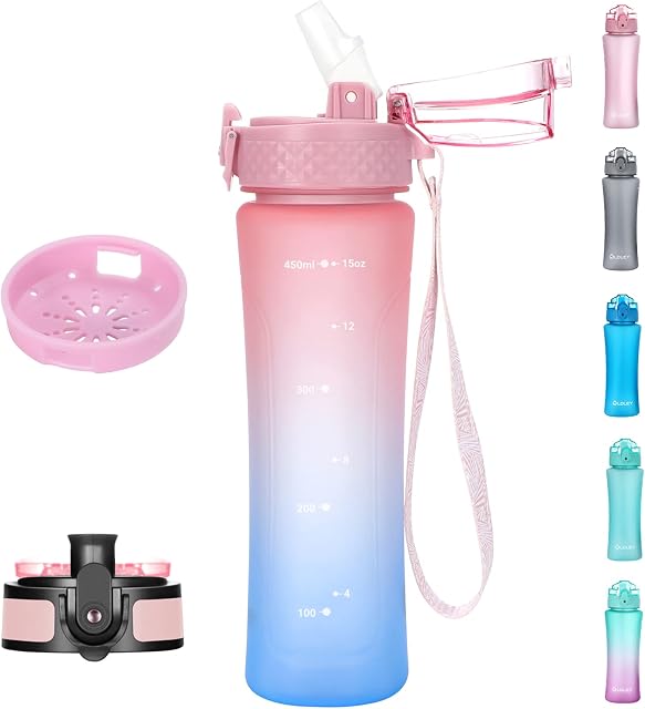 OLDLEY 450ml/15oz Water Bottles with Straw Leakproof Kids Water Bottles for School Plastic Drink Bottles Reusable Hydrate Sports Bottles BPA Free Filter Time Markings Gym Bottles for Women Men