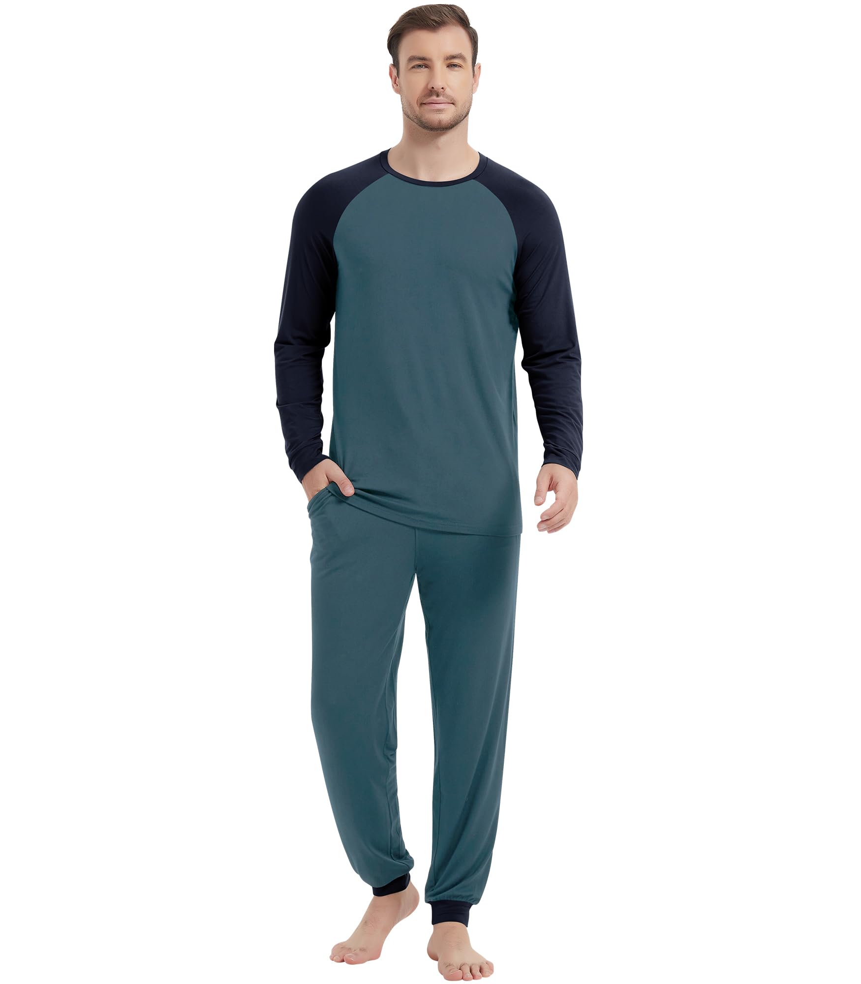 NACHILA Pajamas for Men-Viscose Made from Bamboo, Long Sleeve Pajamas Set Comfy Sleepwear Pants Soft V Neck Pjs with Pockets