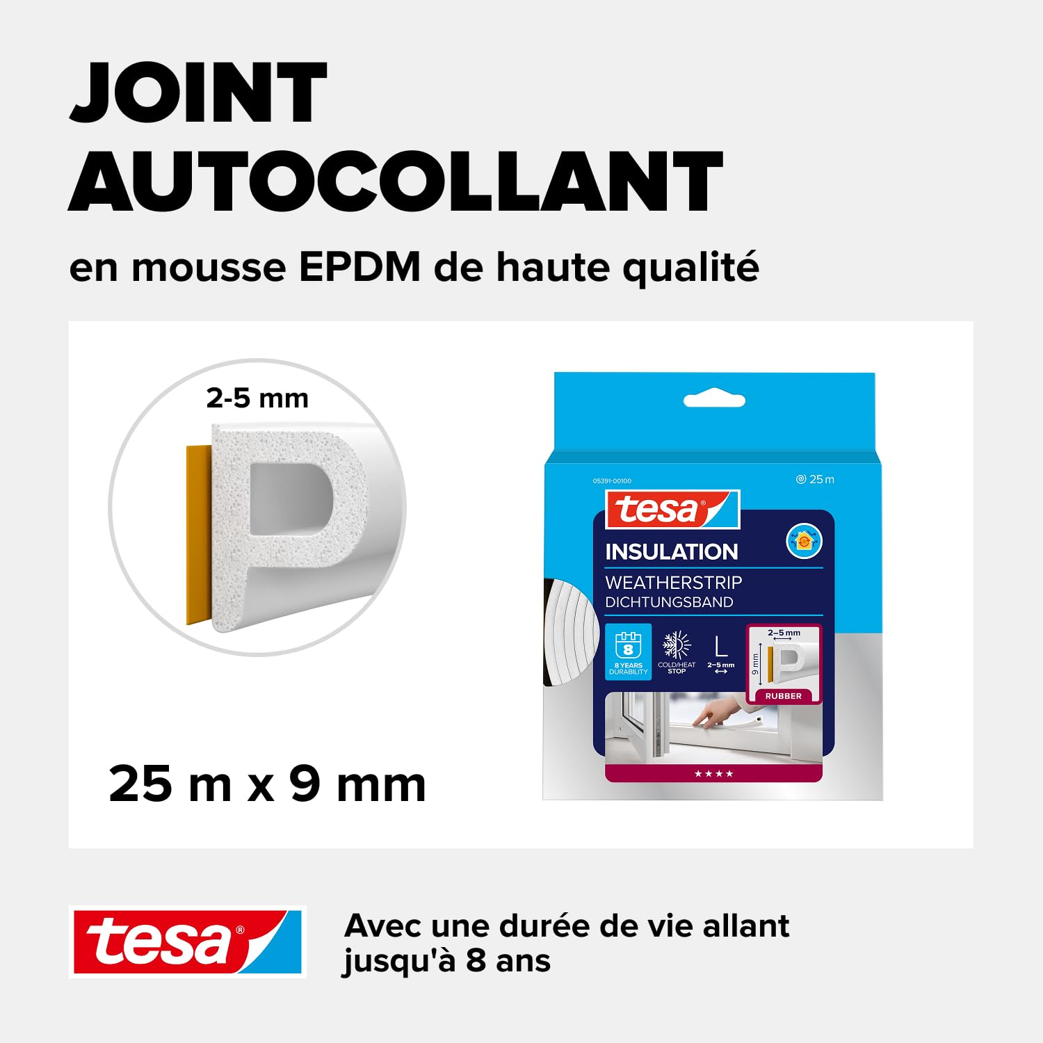 tesa INSULATION Joint en caoutchouc L - Joint autocollant pour l'isolation des fentes sur les fenêtres et les portes - Blanc - 25 m x 9 mm x 5,5 mm