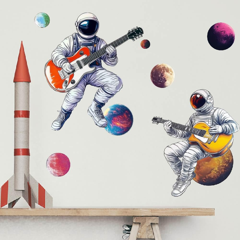 SUPERDANT 3D Space Wall Stickers Music Theme Wall Decal Astronaut Guitar Decals Stickers for Walls Planets Vinyl Art Sticker for Boy's Bedroom Living Room Nursery Space Fan
