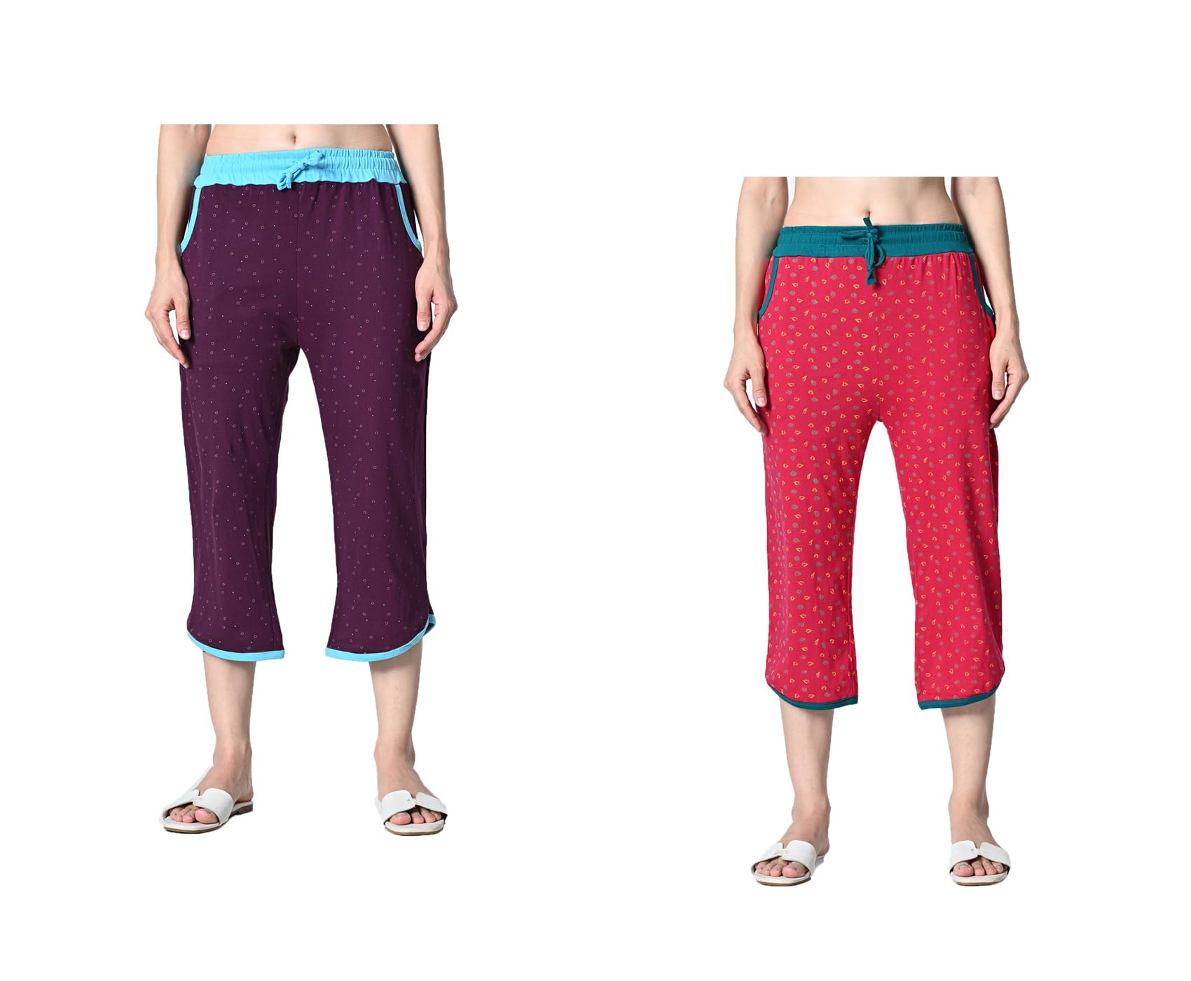 kayu Pack of 2 Women’s Cotton Printed Nightwear Capri with Both Side Pockets, Elastic Waist & Drawstring Nada, Soft Comfortable Sleepwear Capri Multicolor-picture-24