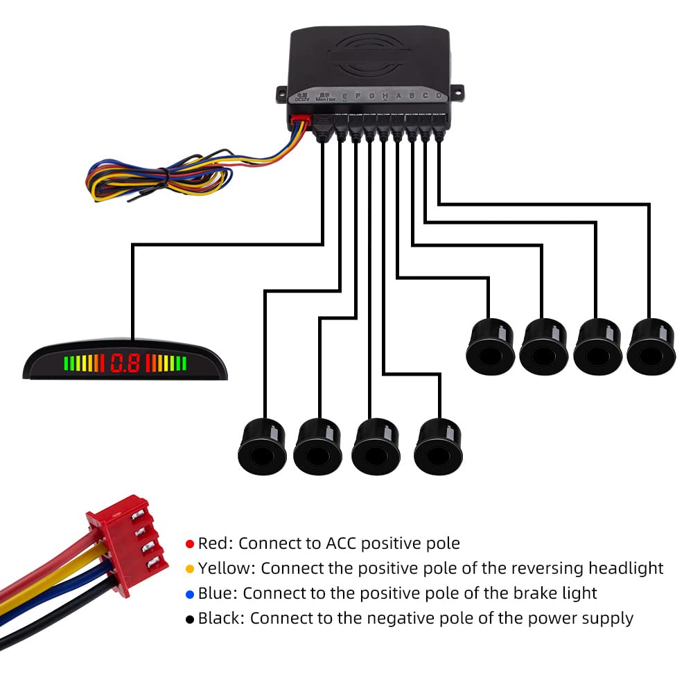 Einparkhilfe mit 8 Vorne Hinteren Parksensoren mit Summer LED-Anzeige (8 Sensoren, Schwarz)
