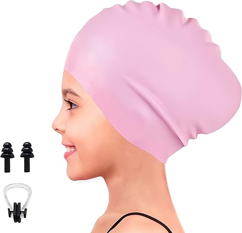 EcoNour Gorro de natación para niños y niñas de pelo corto (edad 3-10) con tapones para los oídos y clips para la nariz, gorro de natación de