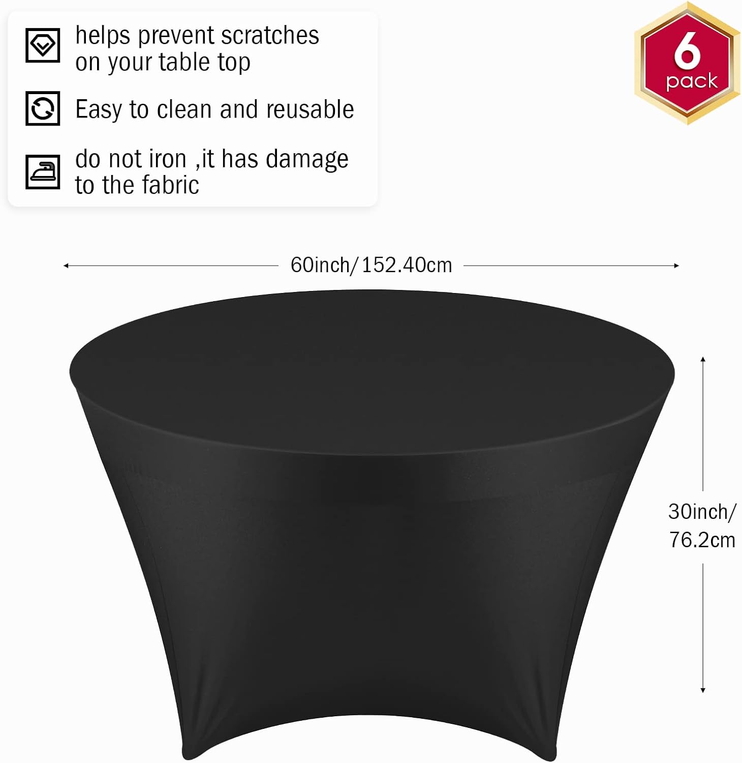 5 FT Round Stretch Tablecloth Machine Washable 60 Inch Spandex Tablecloth Elastic Fitted Round Table Cover for Wedding Reception Restaurant Party Bar Banquet Event, Thickness 160gsm (Black, 6 Pcs)