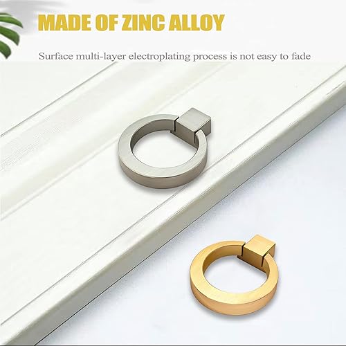 Miniatura 7 de Pomos de gabinete, aleación de zinc, tirador de anillo de cajón de latón cepillado redondo para gabinete de cocina, perilla de cajón de puerta