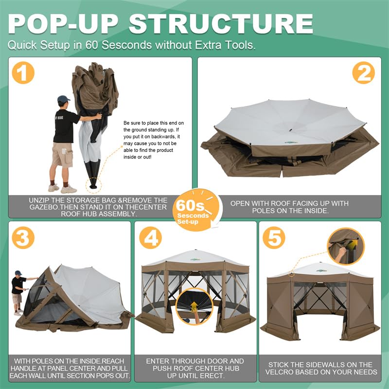 Image of COBIZI 15x15 FT Pop Up Gazebo - Canopy Tent, Large Gazebos On Clearance with Sidewalls, Screened in Gazebo,carpas para Patio,Portable Screen Tents for 12-15 Persons Outdoor Camping, Backyard, Brown