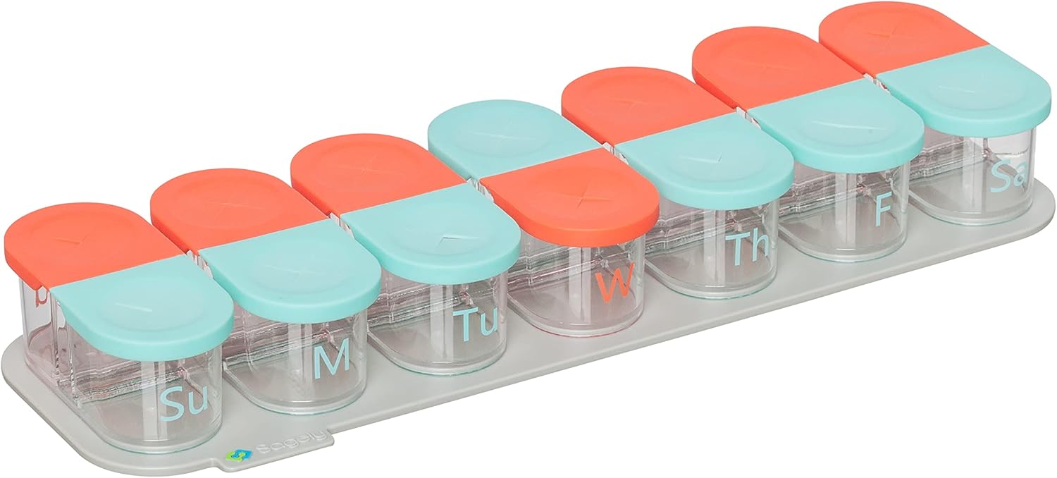 Sagely Smart XL Weekly Pill Organizer AM/PM - Medicine Storage Organizer with Reminder Alarm App (Large Enough to Fit Fish Oil, Cod Liver Oil, Vitamin D Supplements & Vitamins) (Mint Blue/Coral)