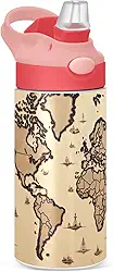 Garrafa de água infantil isolada com tampa de palha, garrafas de água de aço inoxidável para crianças, 355 ml, mapa do mundo marrom