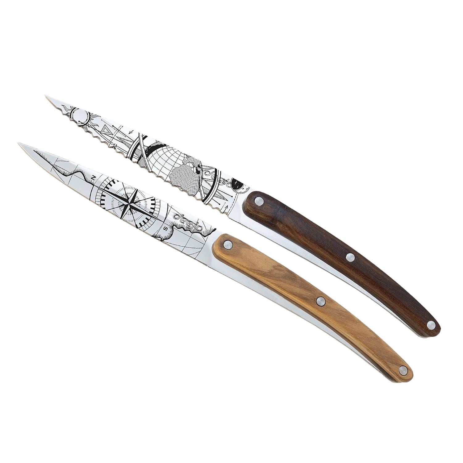 deejo - Lot de 2 Couteaux d’Office - Manches en Bois d’Olivier et Corail, Motifs Globe Trotter et Terra Incognita - Lames Fixes en Acier Inoxydable 2CR14, Finition Miroir